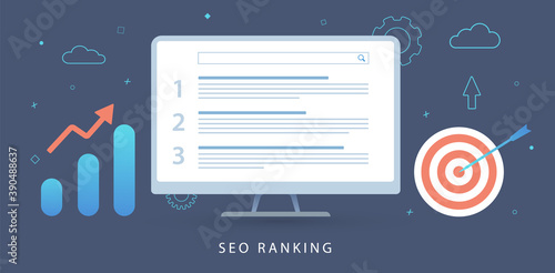 SEO Ranking, Search Engine Results Pages (SERPs) concept. Marketing Analysis Tool, Keyword research and search ranking audit report flat vector banner illustration with icons