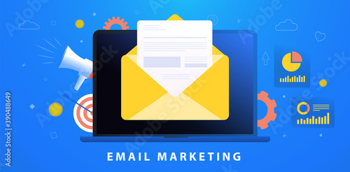 Email Marketing Campaign concept. Digital Outbound (cold emails, spam) or Inbound (useful newsletter, interesting promotional material) advertising business strategy. An open mail envelope with text