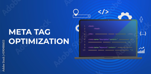 Meta Tag Optimization, HTTP website header SEO (search engine optimization) elements - title tags and meta description. Horizontal vector banner illustration for header with conceptual marketing icons