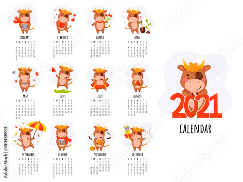 Calendar 2021. Yearly Planner Calendar with all Months. Templates with cute hand drawn bulls in cartoon style. Vector illustration. Great for kids, nursery, poster and printable.