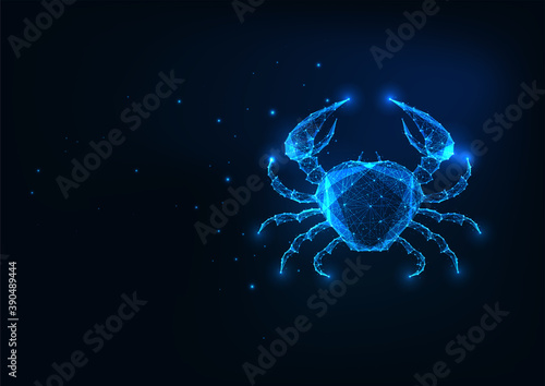Futuristic glowing low polygonal crab isolated on dark blue background.
