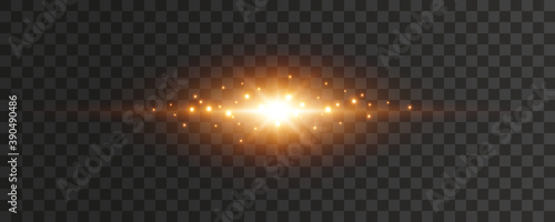 Flare light effect isolated on transparent background. Gold flash lense rays and sparks. Glow magic star beams burst with sparkles