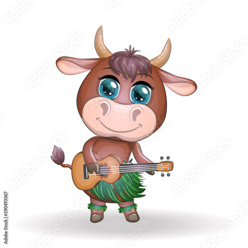 Cute cartoon bull, cow with beautiful eyes, Hawaiian hula dancer character with ukulele guitar among leaves, flowers. Chinese new year cute bull mascot