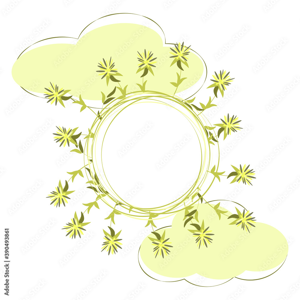 Floral round frame, sun and clouds. Vector illustration for design of children's holiday invitations, congratulations. Floral round frame, sun and clouds. Vector illustration for design of children's holiday invitations, congratulations.