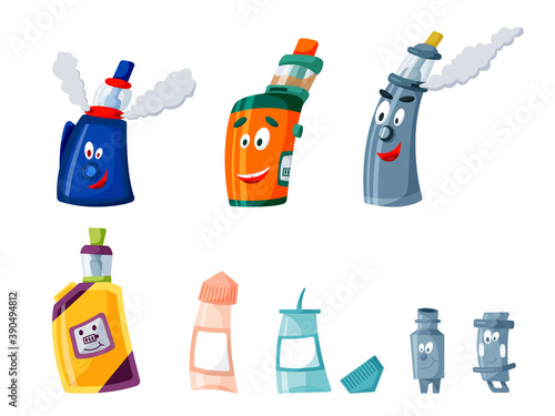 Vector drawing: set of vapes, vaping liquids and vaporizers. Color illustration of characters in cartoon style isolated on white background.