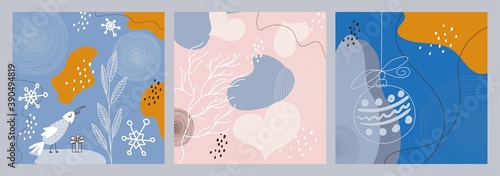 Set of winter abstract creative minimalist hand painted illustrations with decorative branches, bird, Christmas ball. For postcard, poster, social media story design.