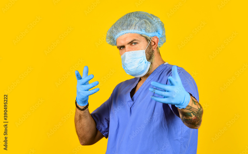 New viruses detected all the time. Beginning of virus outbreak. Man doctor uniform yellow background. Type of virus. Coronavirus concept. Expect virus to mutate. Human to human transmission New viruses detected all the time. Beginning of virus outbreak. Man doctor uniform yellow background. Type of virus. Coronavirus concept. Expect virus to mutate. Human to human transmission