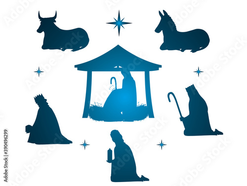 nativity, gradient characters manger family wise kings and animals