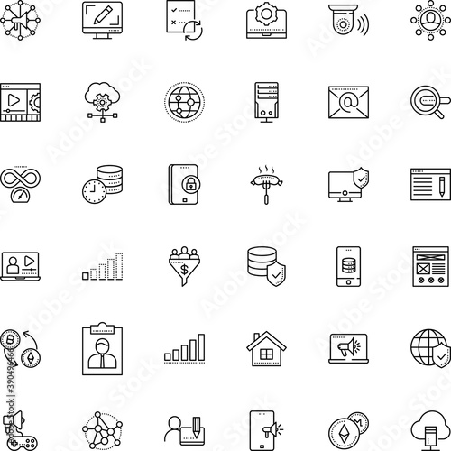 internet vector icon set such as: sound, affiliate, grid, round, film, graph, monitoring, games, ux, designer, fat, spy, home, address, interview, in-game advertising, stroke, base, restaurant