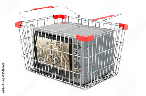 Convection toaster oven inside shopping basket, 3D rendering