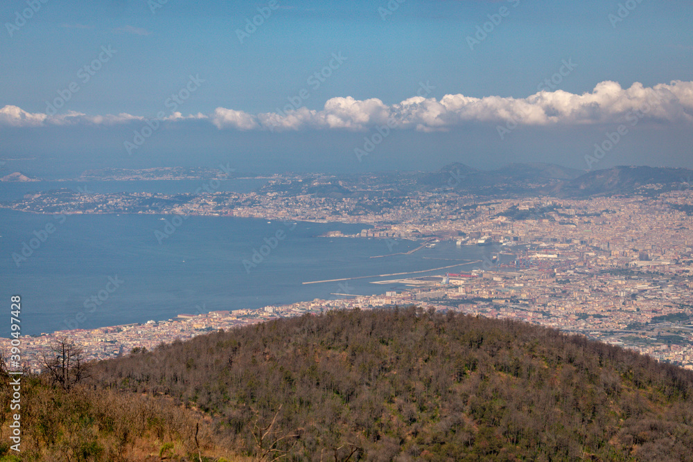 VESUVIUS, ITALY - JULY 12: View of Pompeii from the Vesuvius on July 12 2019. Vesuvius is the only volcano on the European mainland to have erupted within the last hundred years.