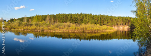 Spring panorama of the protected forest river.