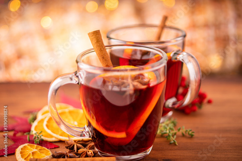 German tradition winter Christmas market new year holidays festival drink Gluhwein Mulled sweet hot warm red Wine with spices citrus aromatic cinnamon star anise