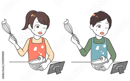 タブレットを見ながら泡立てに失敗する