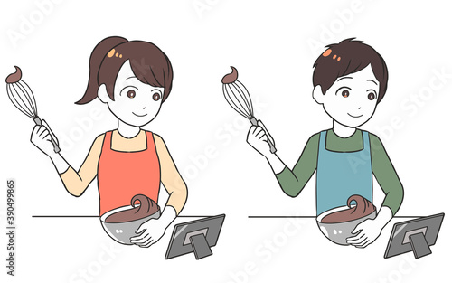 タブレットを見ながらチョコホイップを泡立てる