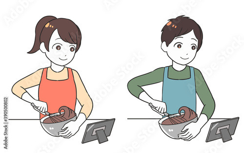 タブレットを見ながらかき混ぜる　チョコホイップ