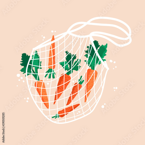 Vector illustration of bright carrots in reusable grocery shopping bag