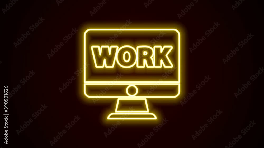 Glowing neon line Computer monitor with text work icon isolated on black background. 4K Video motion graphic animation Glowing neon line Computer monitor with text work icon isolated on black background. 4K Video motion graphic animation