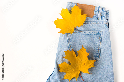 Close up maple leaf in jean pocket. Fashionable denim in autumn concept. Macro. Flat lay. Top view.