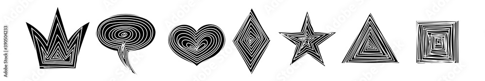 Set of hand drawn pen and pencil black crown, speech bubble, heart, rhomb, star, triangle, square. Abstract frame sketch on white background. Continuous line art doodle vector illustration Set of hand drawn pen and pencil black crown, speech bubble, heart, rhomb, star, triangle, square. Abstract frame sketch on white background. Continuous line art doodle vector illustration