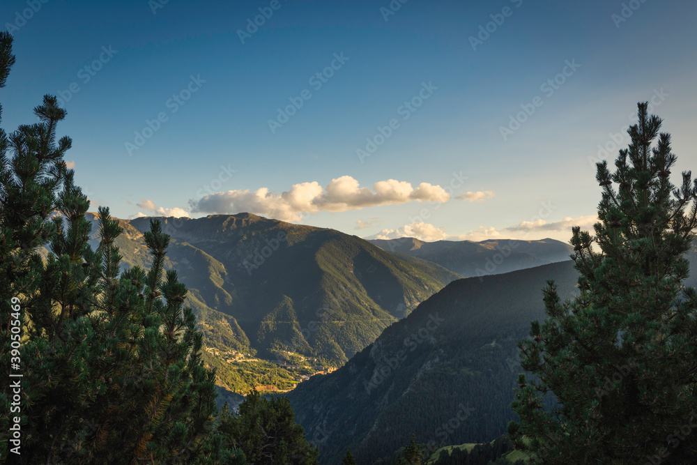 Obraz premium nice natural landscape of mountains with pine trees around in the foreground