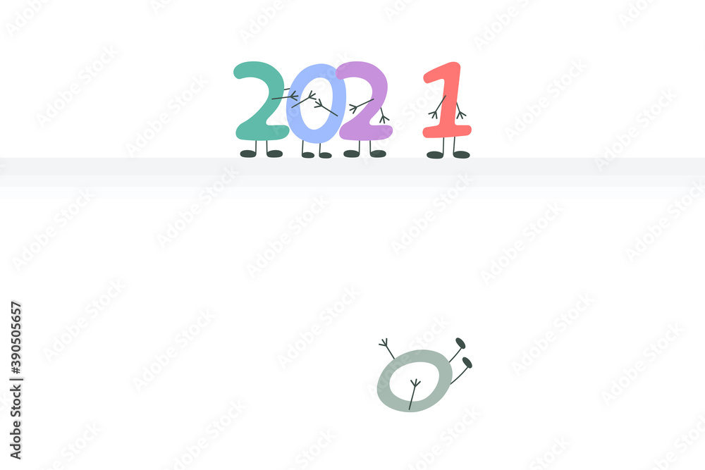 2021 cartoon numbers in which the one pushes the zero away, simple vector illustration 2021 cartoon numbers in which the one pushes the zero away, simple vector illustration