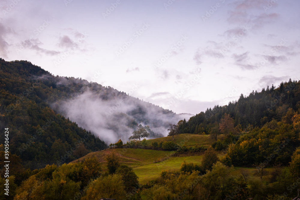 Autumn misty morning, Wide shot , HDR, beautiful morning autumn landscape,  Republika Srpska, Teslich, Ochaush