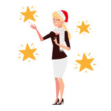 christmas people, blonde woman with hat and glowing stars celebrating season party