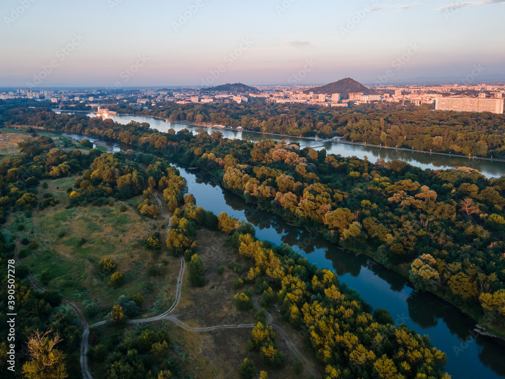 sunset panorama of Rowing Venue in city of Plovdiv, Bulgaria