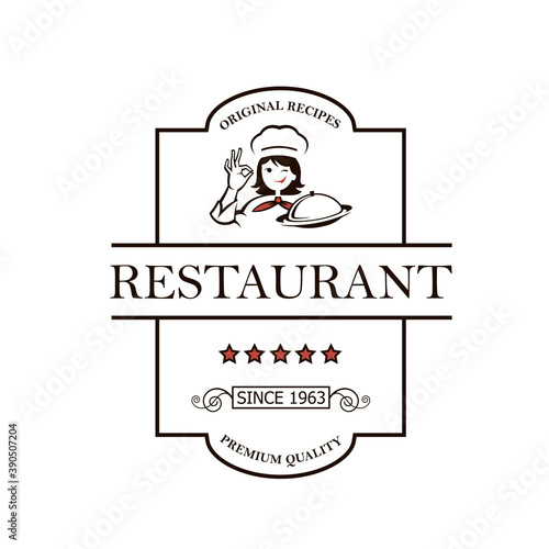 restaurant emblem design with chef woman isolated on white background