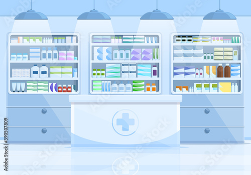 pharmacy interior with shelves with medicines, vector illustration