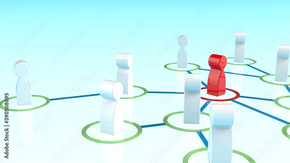 Obraz premium Chain of human figurines connected by green lines. Cooperation and interaction between people and employees. Dissemination of information in society, rumors. Social contacts. 3D illustration CG.