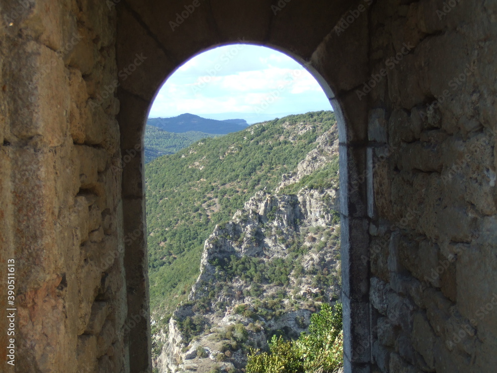 Chateau de Termes, view from the ancient ruins of Cathar castle in the mountains of the Aude region of southern France
