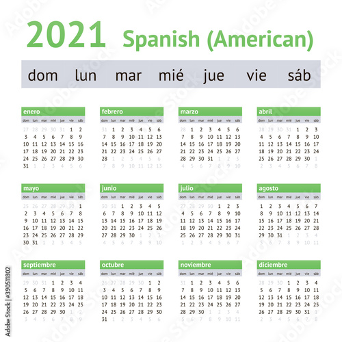 2021 Spanish American Calendar. Weeks start on Sunday