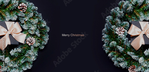 Fototapeta Naklejka Na Ścianę i Meble -  greeting card, banner Happy Christmas and new year. Happy holidays black stylish greeting frame.
