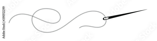 Sewing needle with decorative embroidery thread. Black isolated border illustration for creative occupation