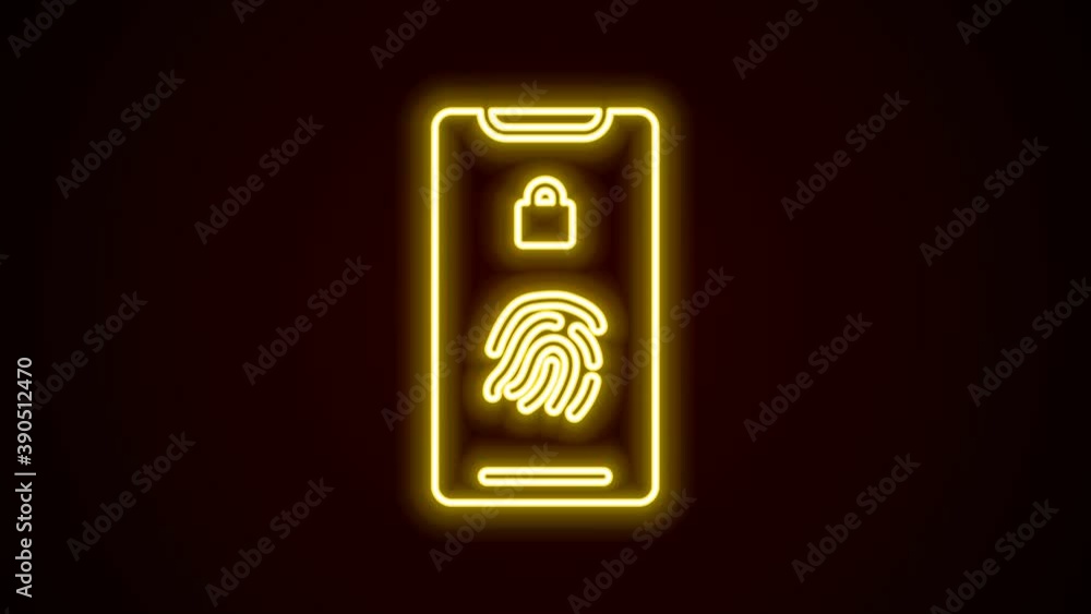 Glowing neon line Smartphone with fingerprint scanner icon isolated on black background. Concept of security, personal access via finger on mobile. 4K Video motion graphic animation Glowing neon line Smartphone with fingerprint scanner icon isolated on black background. Concept of security, personal access via finger on mobile. 4K Video motion graphic animation