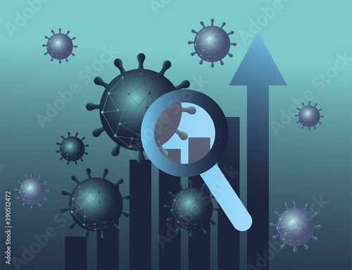 Covid 19 virus stats bars chart with increase arrow and lupe gradient style icon vector design