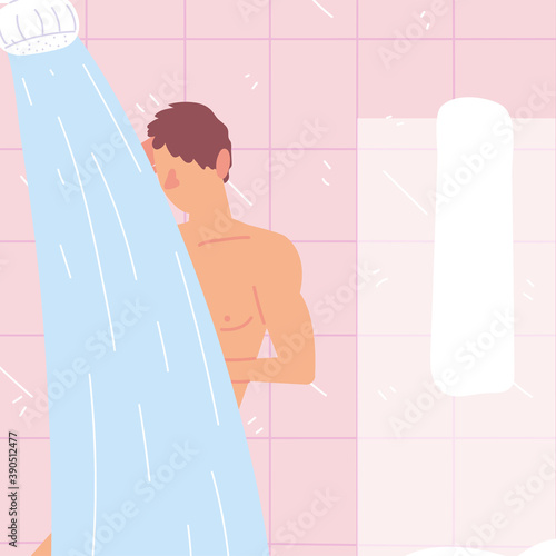 young man taking shower in bathroom