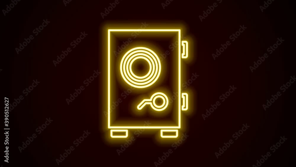 Glowing neon line Safe icon isolated on black background. The door safe a bank vault with a combination lock. Reliable Data Protection. 4K Video motion graphic animation Glowing neon line Safe icon isolated on black background. The door safe a bank vault with a combination lock. Reliable Data Protection. 4K Video motion graphic animation