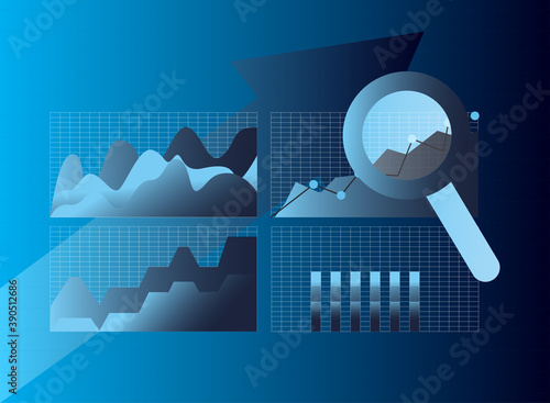 area bars chart increase line and lupe gradient style icon vector design