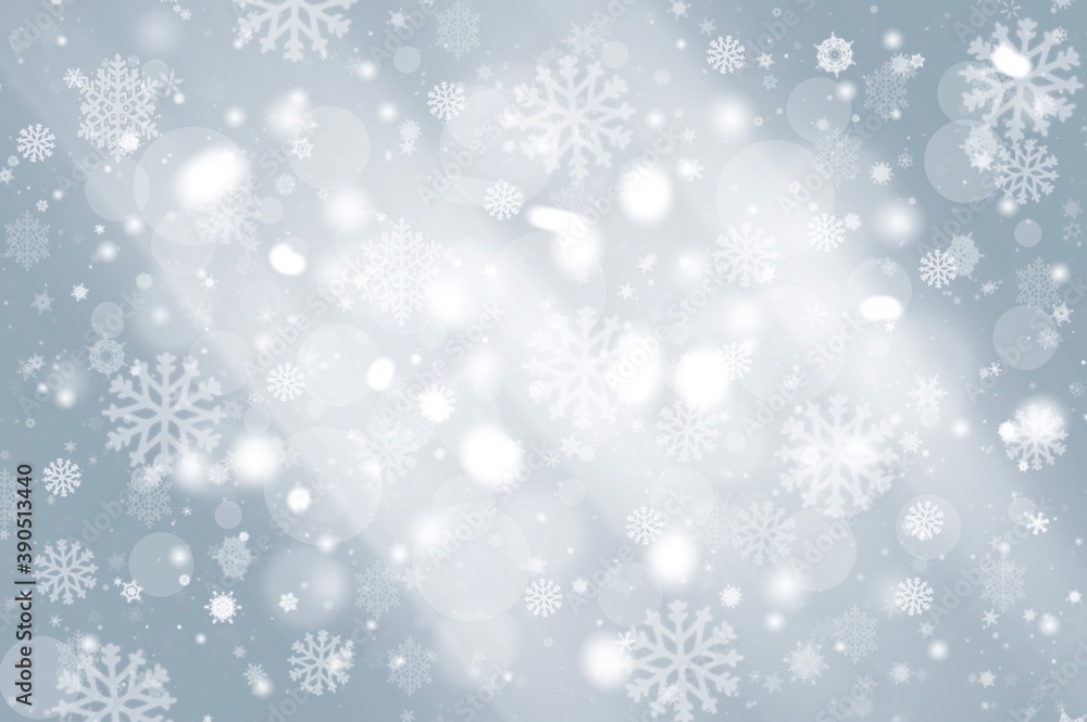 Gray abstract background. white light and snowflakes bokeh winter for Christmas new year blurred beautiful shiny lights use for card banner wallpaper backdrop and your product.