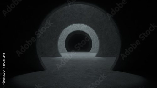 Fototapeta Naklejka Na Ścianę i Meble -  Gray concrete tunnel with dramatic light and dark at the end. Abstract background. Repeating pattern of flights. 3d rendering