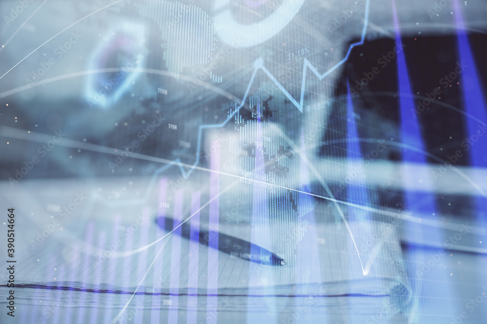 Double exposure of financial graph drawings and desk with open notebook background. Concept of forex market Double exposure of financial graph drawings and desk with open notebook background. Concept of forex market