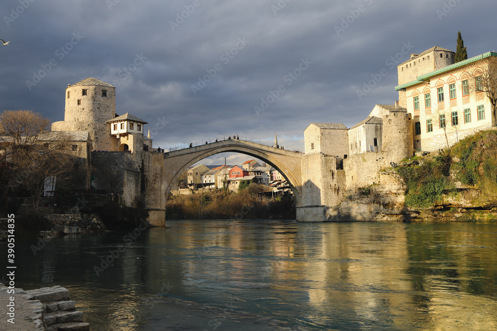 Mostar old bridge over the river
