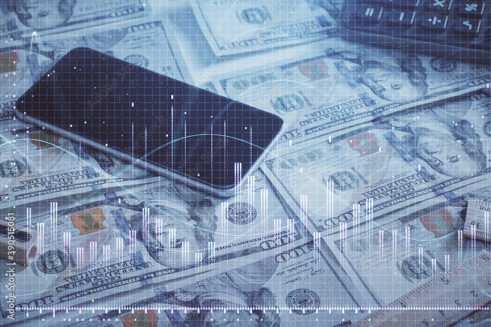 Double exposure of forex graph drawing over us dollars bill background. Concept of financial markets. Double exposure of forex graph drawing over us dollars bill background. Concept of financial markets.