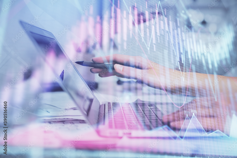 Multi exposure of woman hands typing on computer and financial graph hologram drawing. Stock market analysis concept. Multi exposure of woman hands typing on computer and financial graph hologram drawing. Stock market analysis concept.