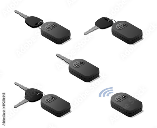 Car key and remote control. Immobilizer set. Isometric vector illustration. Isolated on white background.