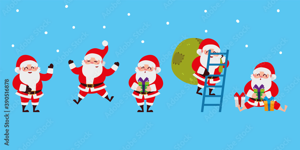 Naklejka premium christmas santa claus set icons with ladder, gifts celebration