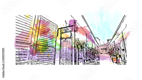 Building view with landmark of Bursa is a large city in northwest Turkey. Watercolor splash with hand drawn sketch illustration in vector.     